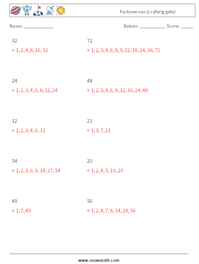 Factoren van 2-cijferig getal Wiskundige werkbladen 7 Vraag, Antwoord
