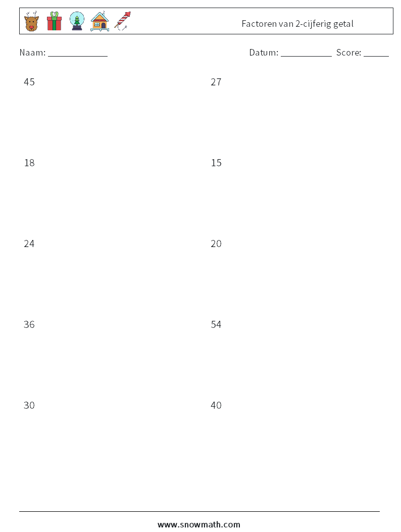 Factoren van 2-cijferig getal Wiskundige werkbladen 8