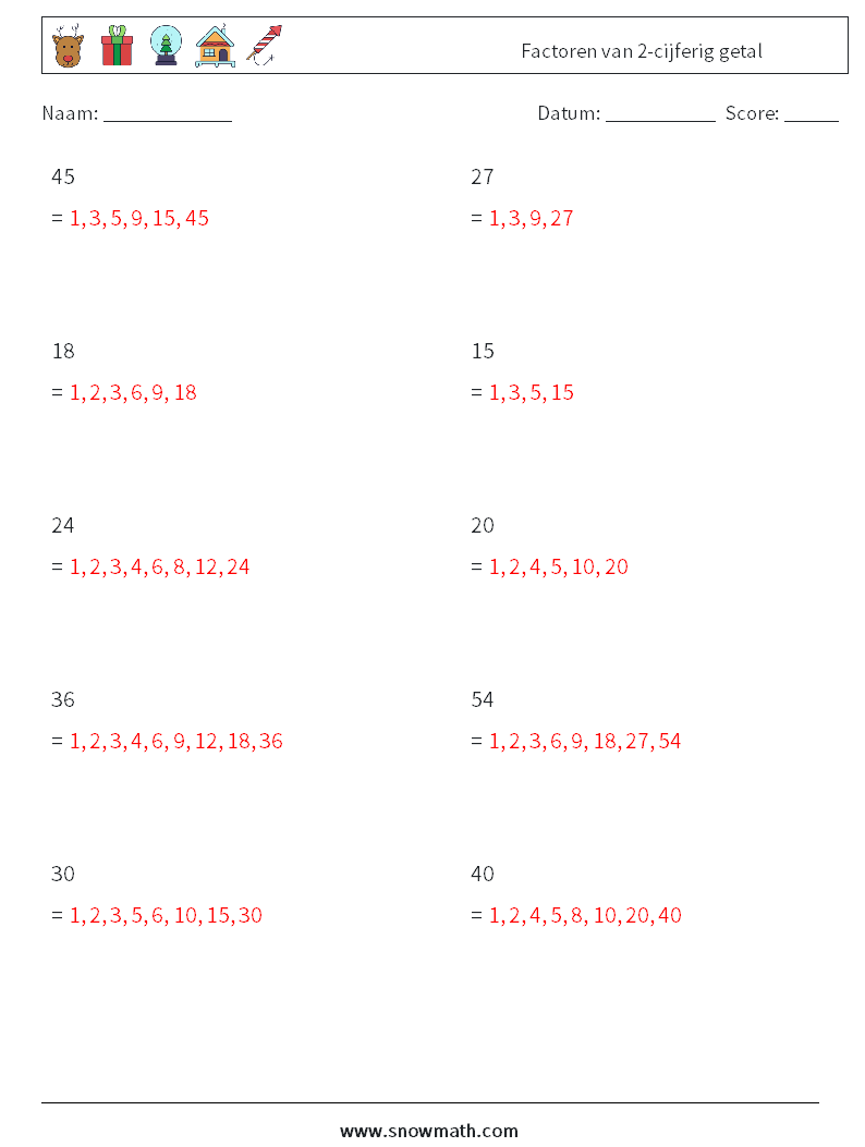 Factoren van 2-cijferig getal Wiskundige werkbladen 8 Vraag, Antwoord
