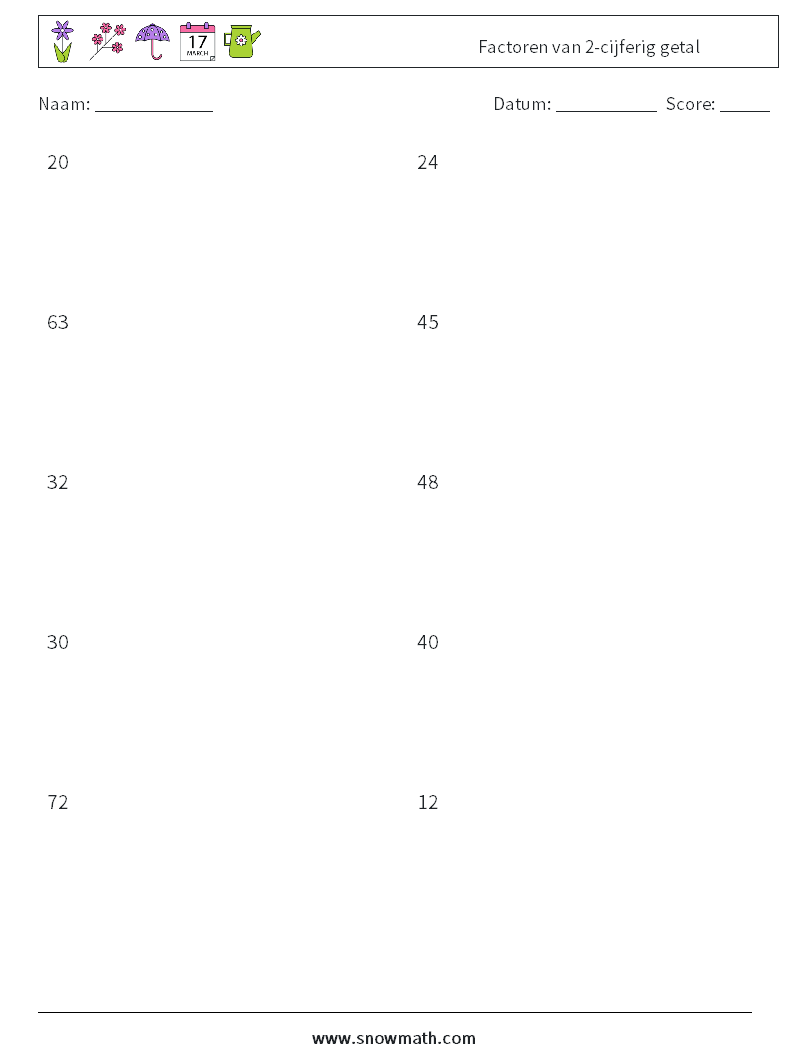 Factoren van 2-cijferig getal Wiskundige werkbladen 9