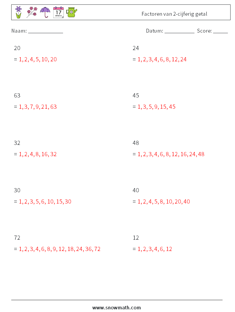 Factoren van 2-cijferig getal Wiskundige werkbladen 9 Vraag, Antwoord