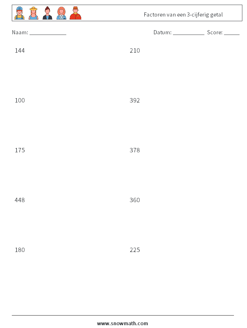 Factoren van een 3-cijferig getal Wiskundige werkbladen 4