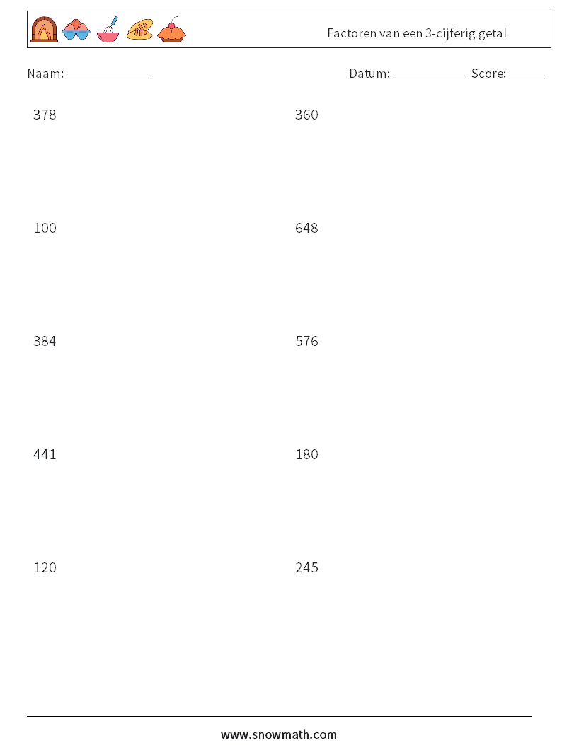 Factoren van een 3-cijferig getal Wiskundige werkbladen 5
