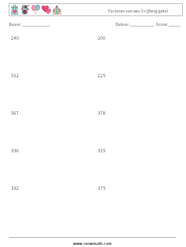 Factoren van een 3-cijferig getal Wiskundige werkbladen 8