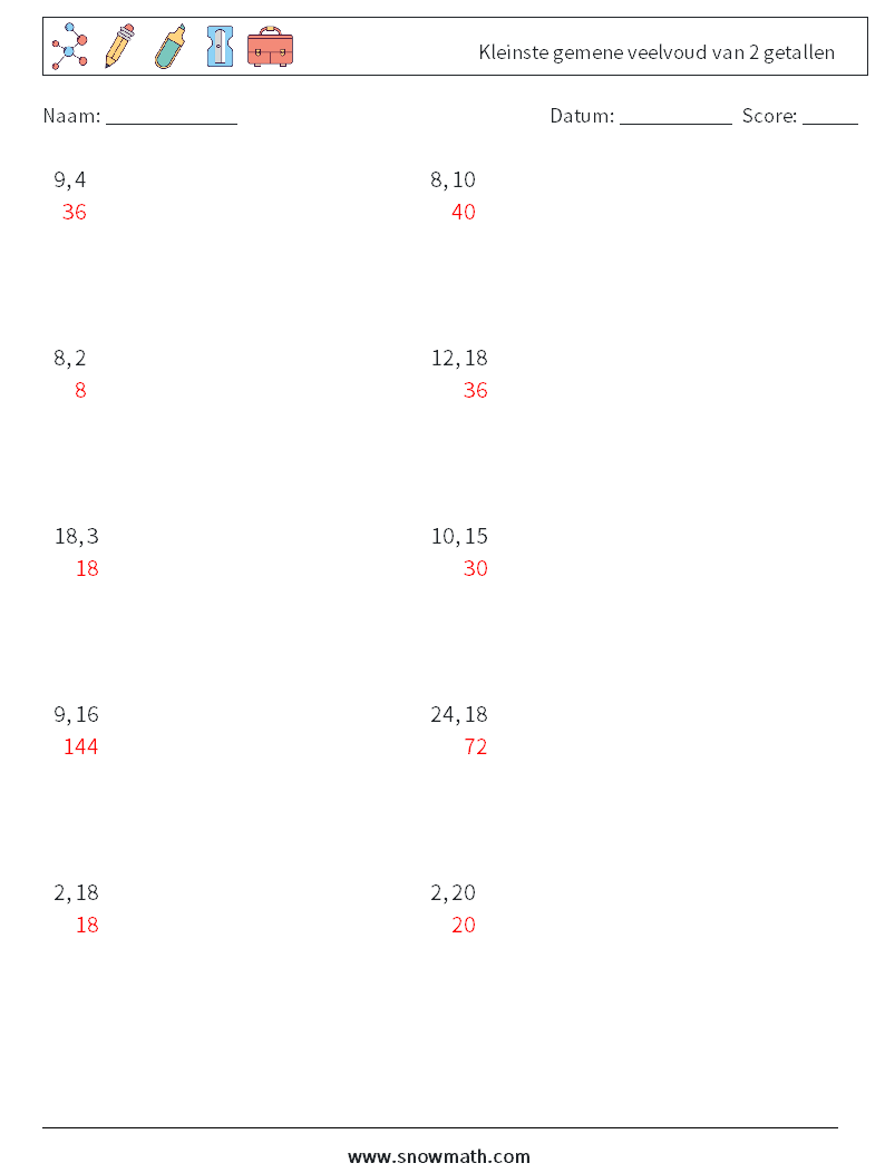 Kleinste gemene veelvoud van 2 getallen Wiskundige werkbladen 3 Vraag, Antwoord