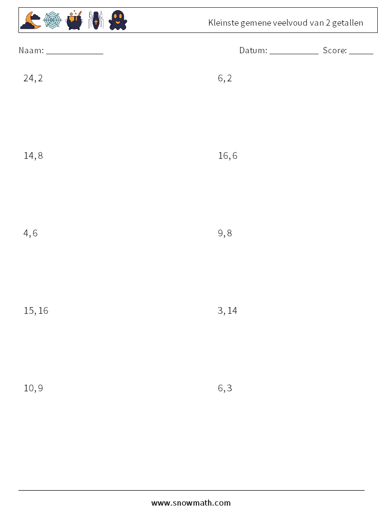 Kleinste gemene veelvoud van 2 getallen Wiskundige werkbladen 5