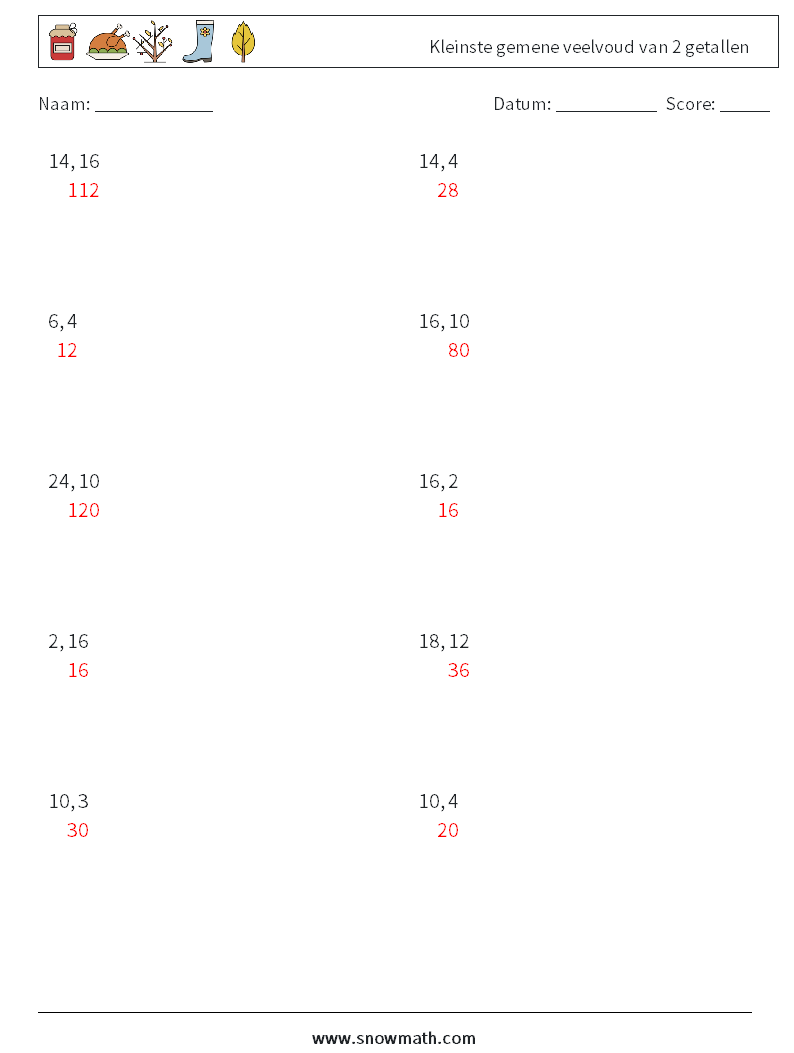 Kleinste gemene veelvoud van 2 getallen Wiskundige werkbladen 6 Vraag, Antwoord