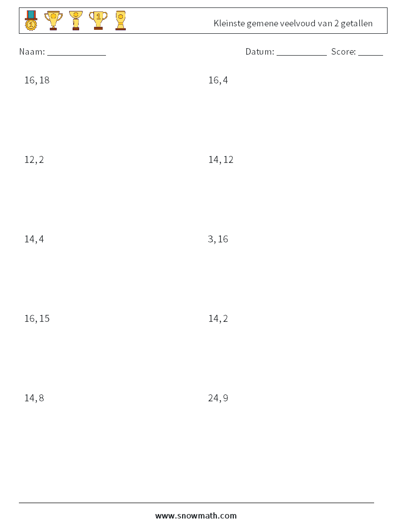 Kleinste gemene veelvoud van 2 getallen Wiskundige werkbladen 9