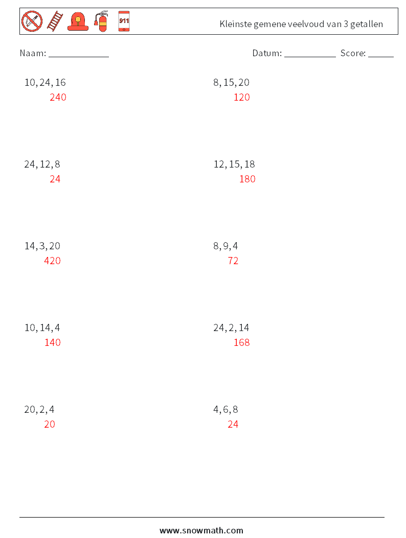 Kleinste gemene veelvoud van 3 getallen Wiskundige werkbladen 1 Vraag, Antwoord