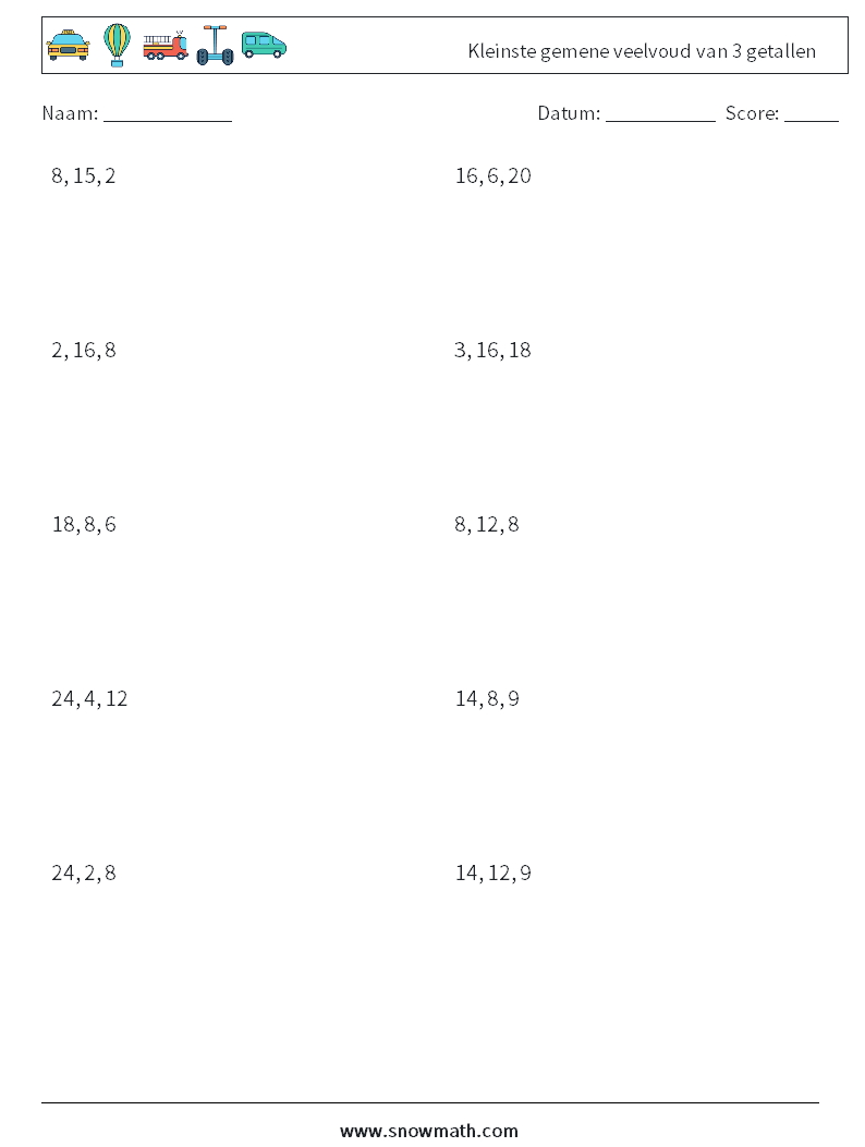 Kleinste gemene veelvoud van 3 getallen Wiskundige werkbladen 3