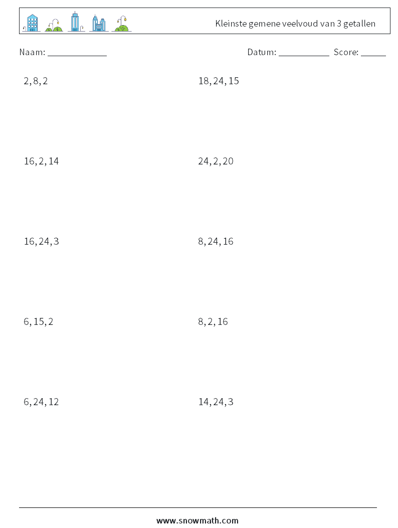 Kleinste gemene veelvoud van 3 getallen Wiskundige werkbladen 4