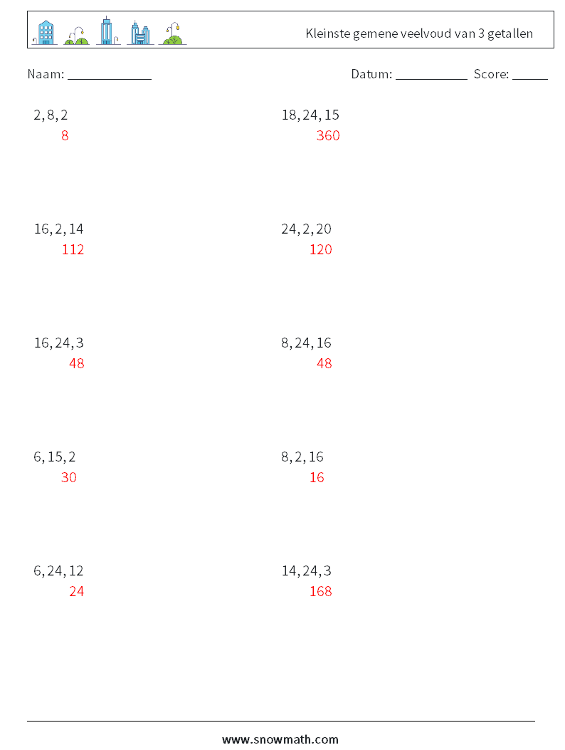 Kleinste gemene veelvoud van 3 getallen Wiskundige werkbladen 4 Vraag, Antwoord