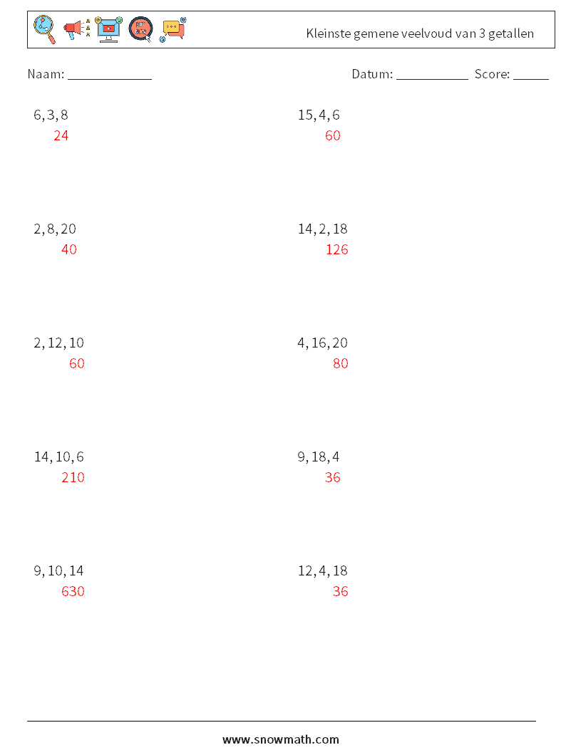 Kleinste gemene veelvoud van 3 getallen Wiskundige werkbladen 5 Vraag, Antwoord