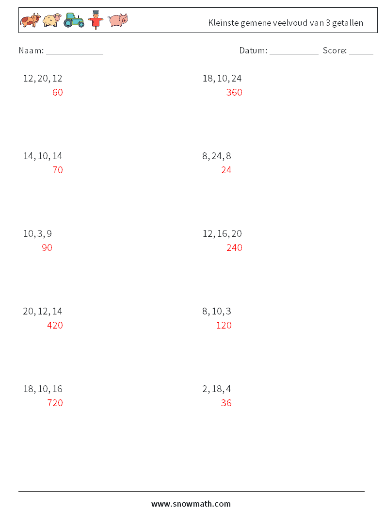 Kleinste gemene veelvoud van 3 getallen Wiskundige werkbladen 6 Vraag, Antwoord