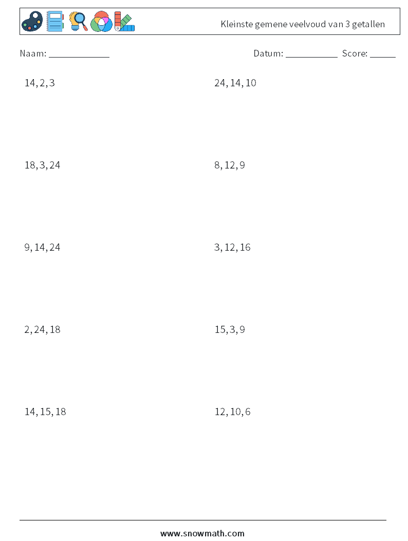 Kleinste gemene veelvoud van 3 getallen Wiskundige werkbladen 7