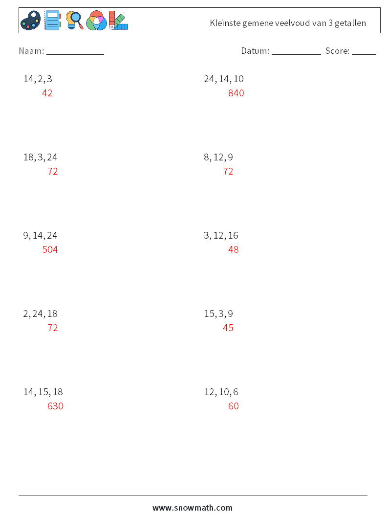 Kleinste gemene veelvoud van 3 getallen Wiskundige werkbladen 7 Vraag, Antwoord