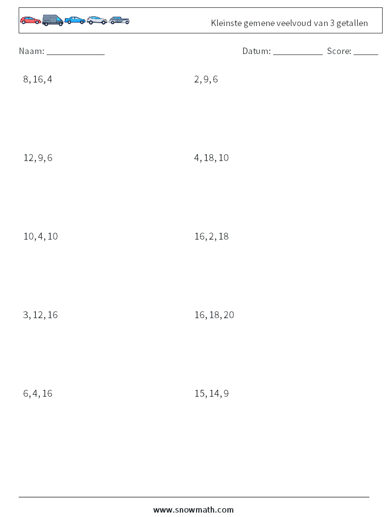 Kleinste gemene veelvoud van 3 getallen Wiskundige werkbladen 8