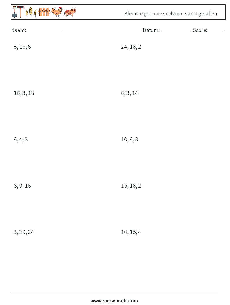 Kleinste gemene veelvoud van 3 getallen Wiskundige werkbladen 9