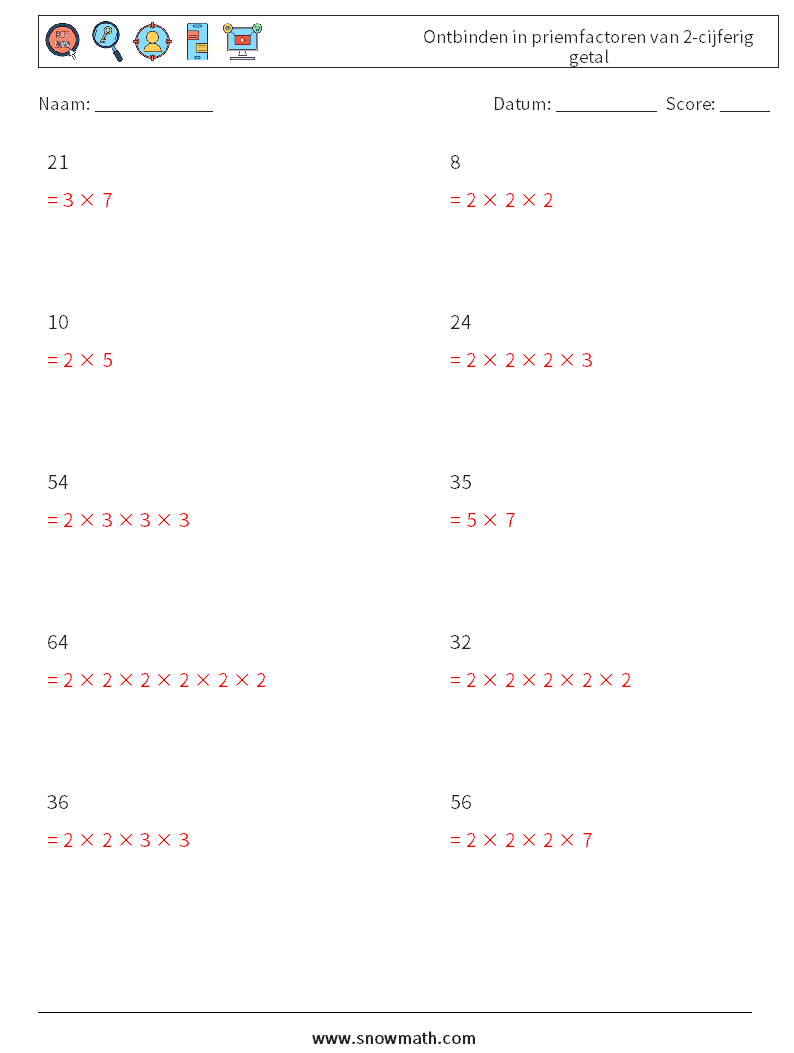 Ontbinden in priemfactoren van 2-cijferig getal Wiskundige werkbladen 1 Vraag, Antwoord