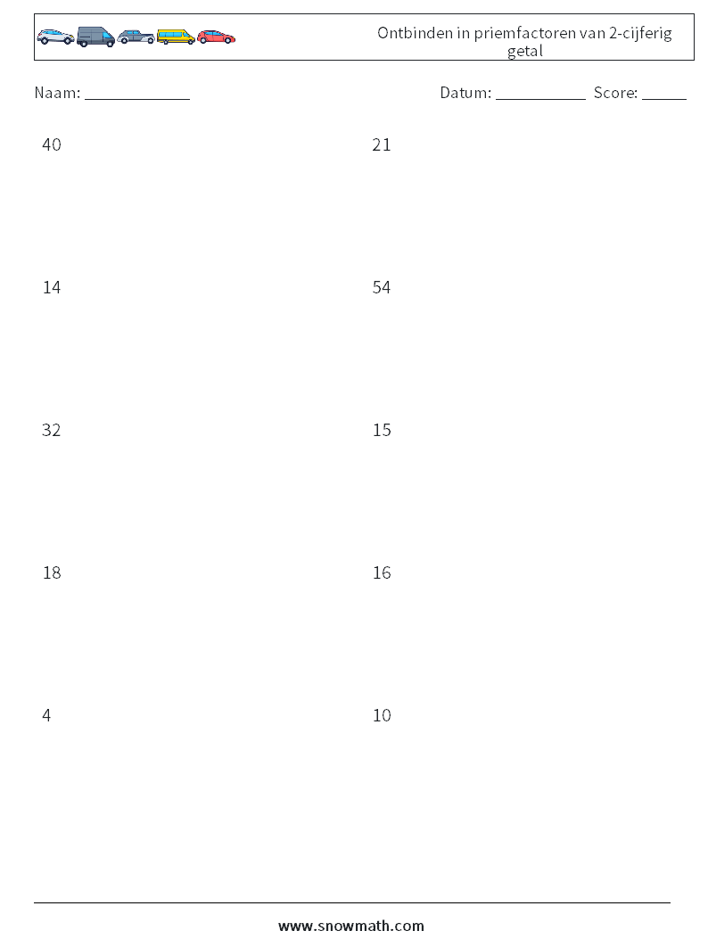 Ontbinden in priemfactoren van 2-cijferig getal Wiskundige werkbladen 2