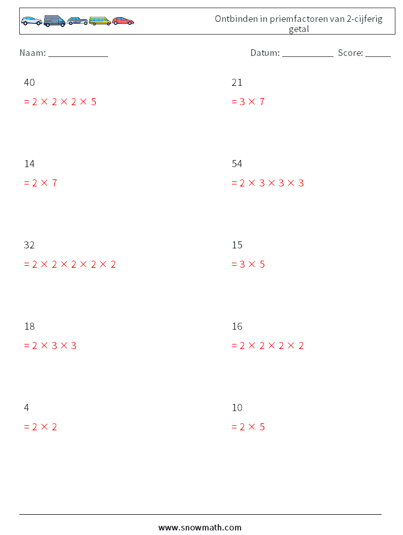 Ontbinden in priemfactoren van 2-cijferig getal Wiskundige werkbladen 2 Vraag, Antwoord
