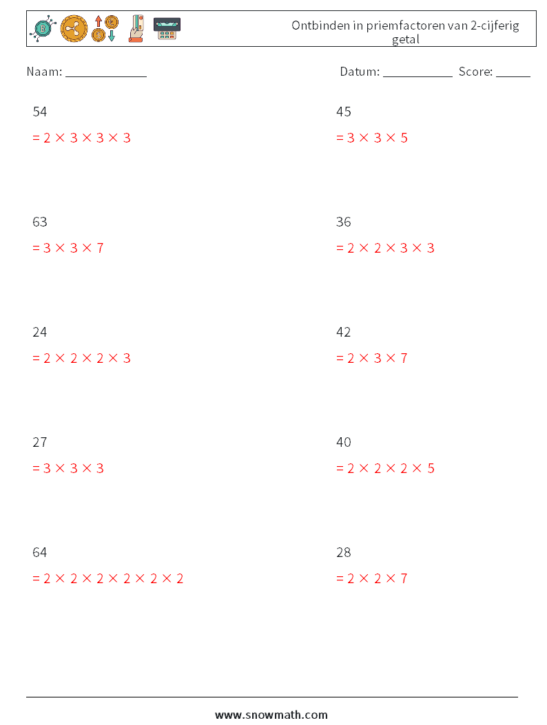 Ontbinden in priemfactoren van 2-cijferig getal Wiskundige werkbladen 3 Vraag, Antwoord