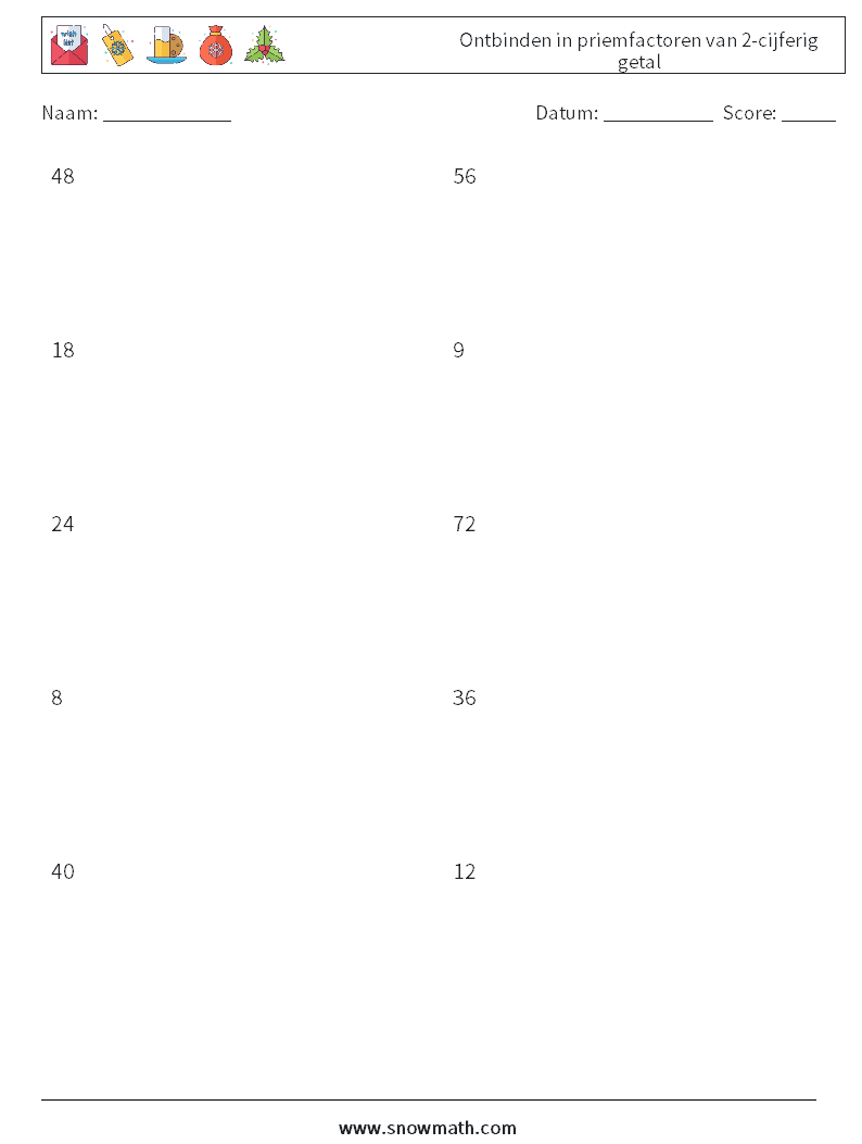 Ontbinden in priemfactoren van 2-cijferig getal Wiskundige werkbladen 4
