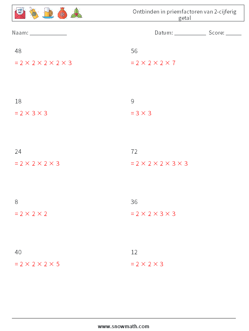 Ontbinden in priemfactoren van 2-cijferig getal Wiskundige werkbladen 4 Vraag, Antwoord