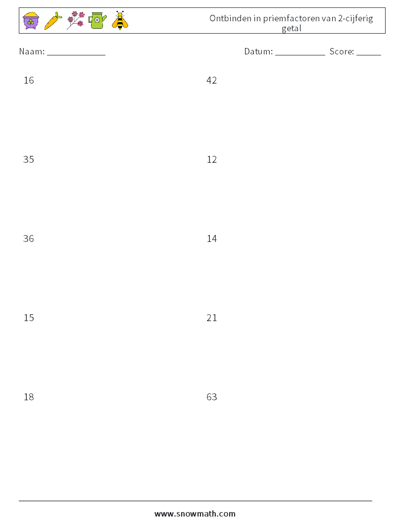 Ontbinden in priemfactoren van 2-cijferig getal Wiskundige werkbladen 5