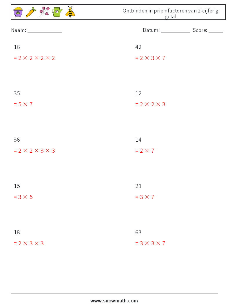 Ontbinden in priemfactoren van 2-cijferig getal Wiskundige werkbladen 5 Vraag, Antwoord