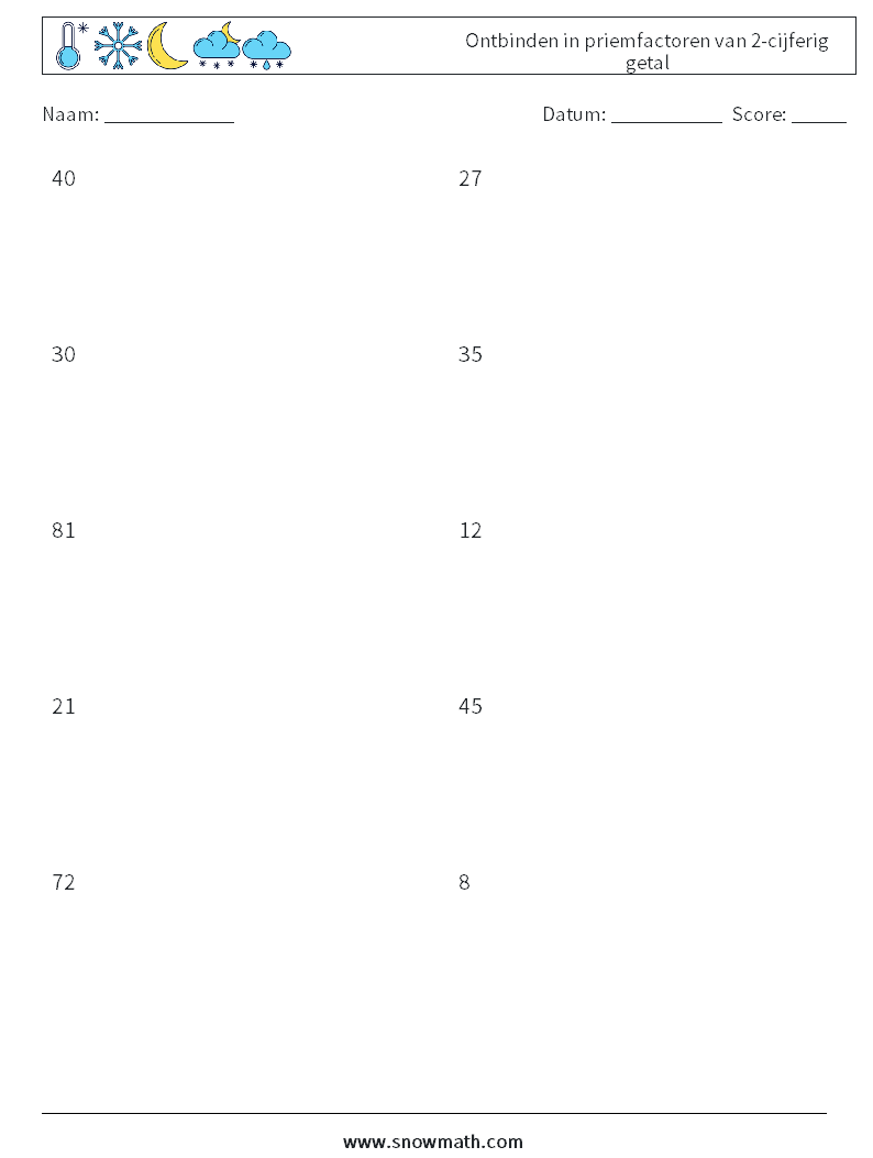 Ontbinden in priemfactoren van 2-cijferig getal Wiskundige werkbladen 6
