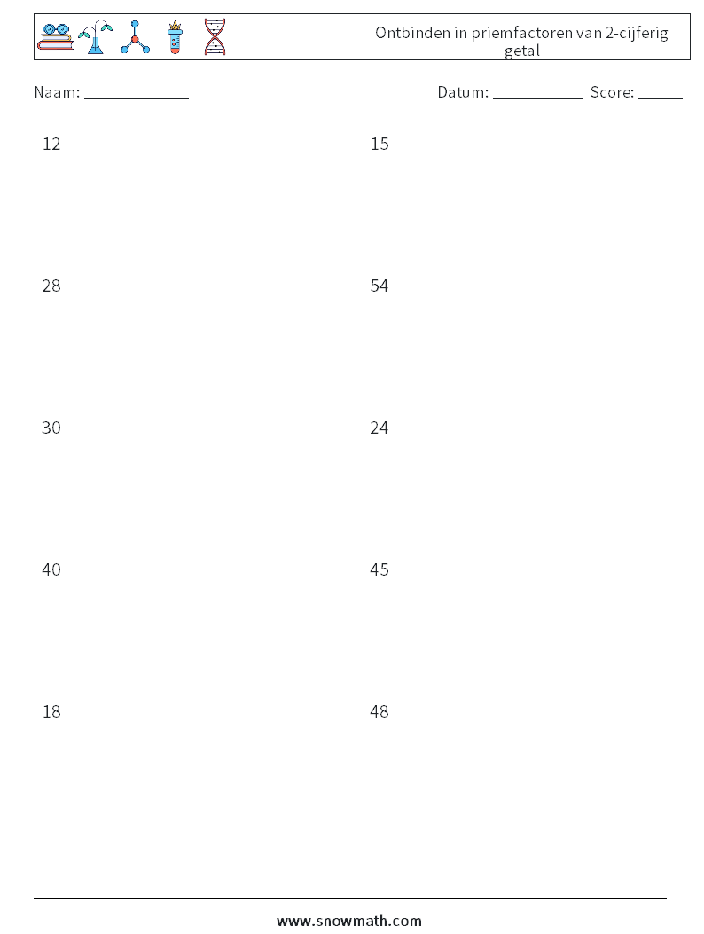 Ontbinden in priemfactoren van 2-cijferig getal Wiskundige werkbladen 7