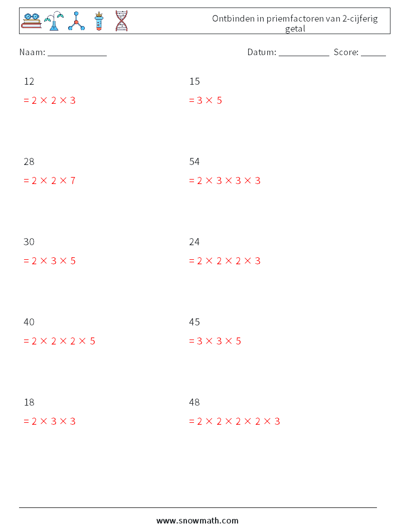 Ontbinden in priemfactoren van 2-cijferig getal Wiskundige werkbladen 7 Vraag, Antwoord
