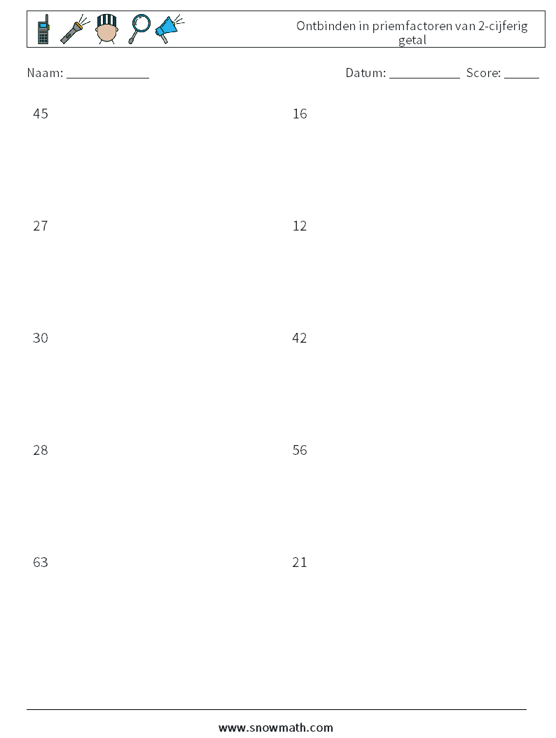 Ontbinden in priemfactoren van 2-cijferig getal Wiskundige werkbladen 8