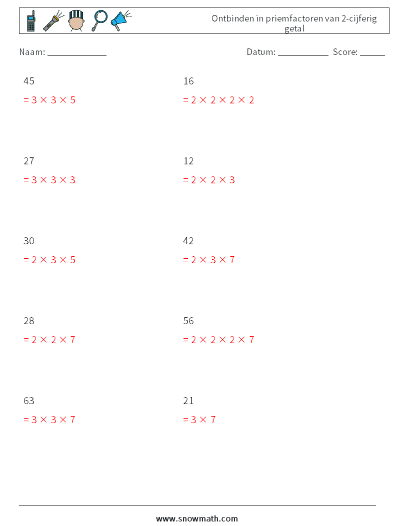 Ontbinden in priemfactoren van 2-cijferig getal Wiskundige werkbladen 8 Vraag, Antwoord