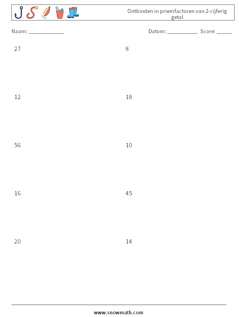 Ontbinden in priemfactoren van 2-cijferig getal Wiskundige werkbladen 9