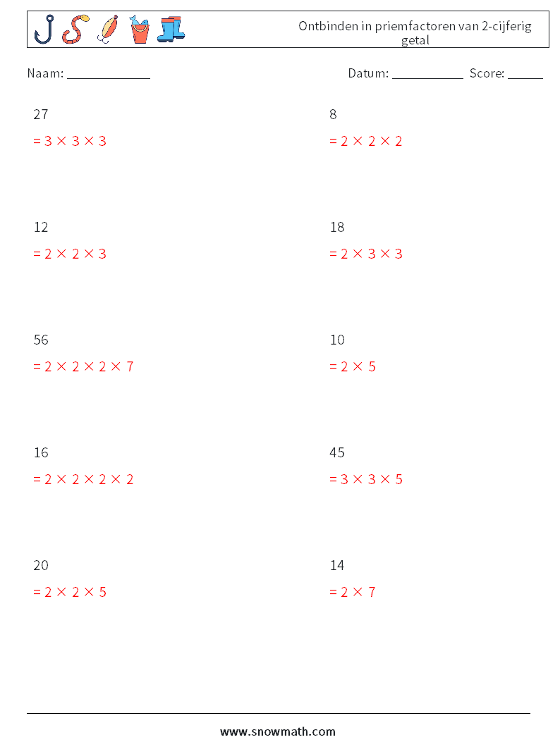Ontbinden in priemfactoren van 2-cijferig getal Wiskundige werkbladen 9 Vraag, Antwoord