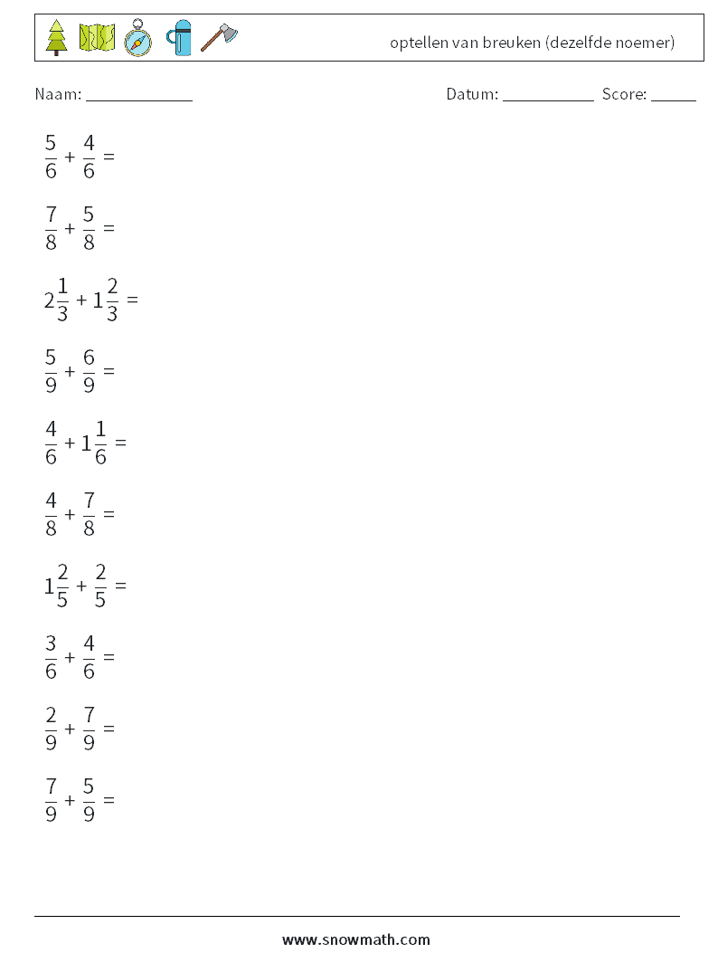 (10) optellen van breuken (dezelfde noemer) Wiskundige werkbladen 14