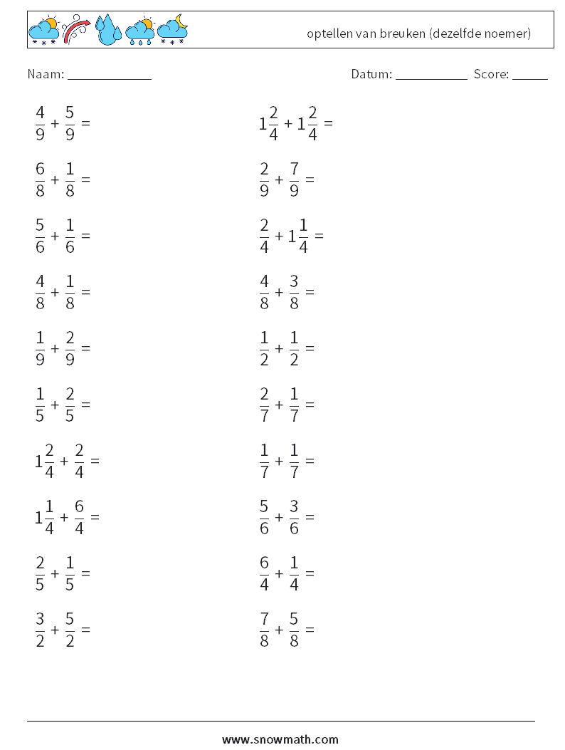 (20) optellen van breuken (dezelfde noemer) Wiskundige werkbladen 10