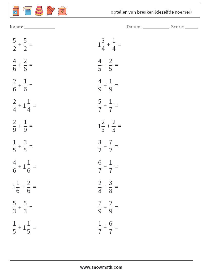 (20) optellen van breuken (dezelfde noemer) Wiskundige werkbladen 11