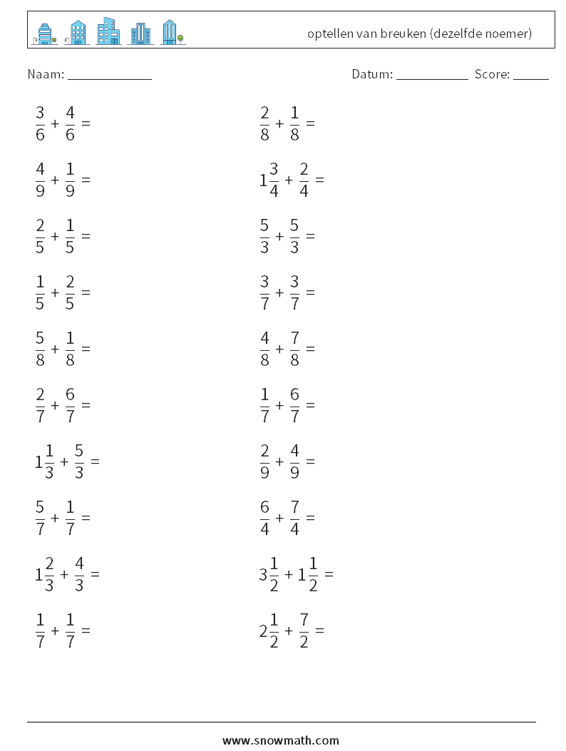 (20) optellen van breuken (dezelfde noemer) Wiskundige werkbladen 14