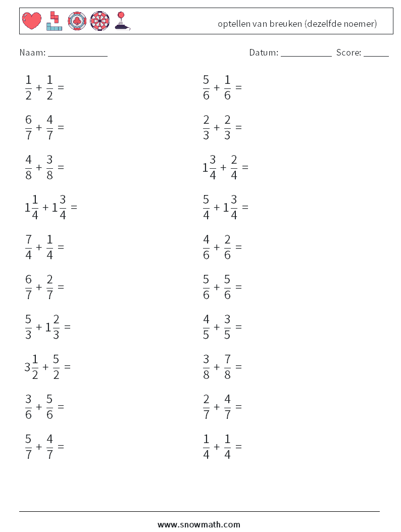 (20) optellen van breuken (dezelfde noemer) Wiskundige werkbladen 15