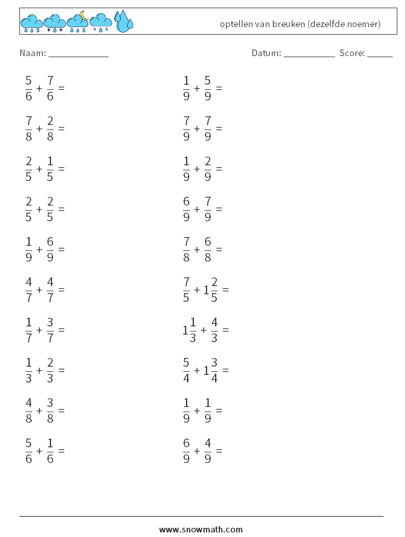 (20) optellen van breuken (dezelfde noemer) Wiskundige werkbladen 17