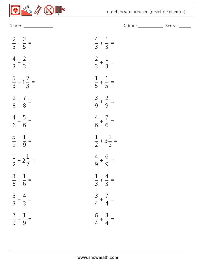 (20) optellen van breuken (dezelfde noemer) Wiskundige werkbladen 18