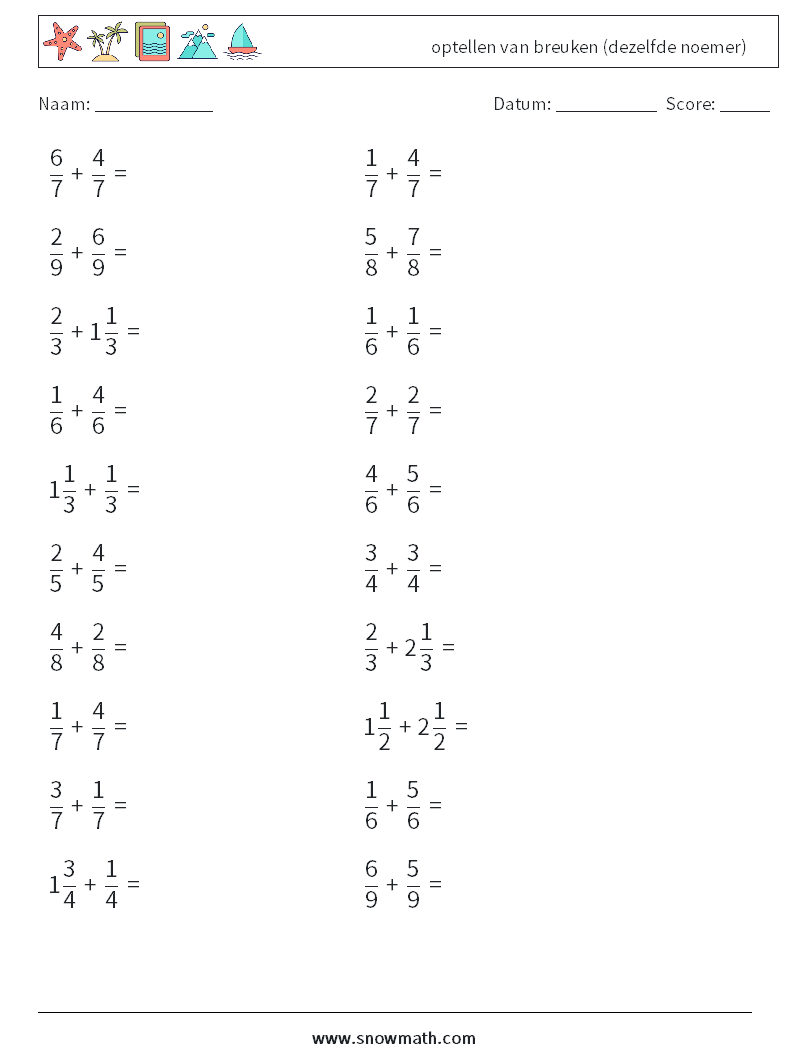 (20) optellen van breuken (dezelfde noemer) Wiskundige werkbladen 2
