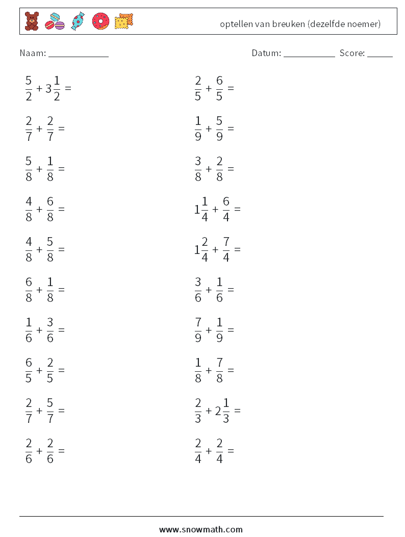 (20) optellen van breuken (dezelfde noemer) Wiskundige werkbladen 3