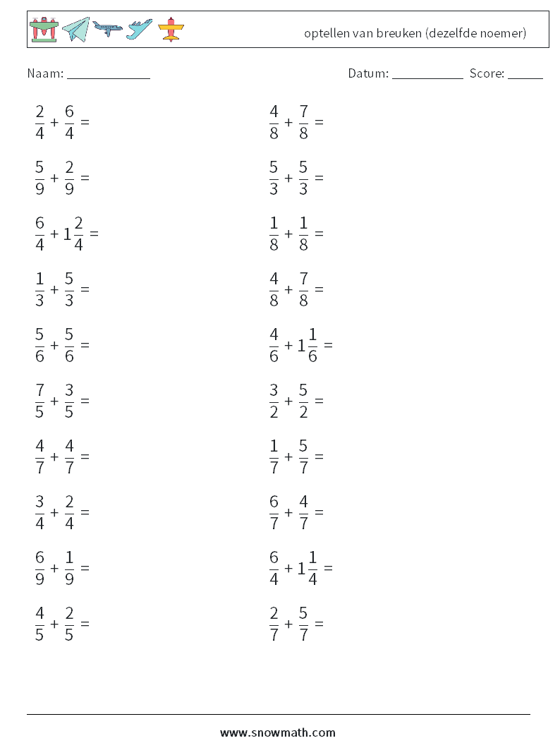 (20) optellen van breuken (dezelfde noemer) Wiskundige werkbladen 4
