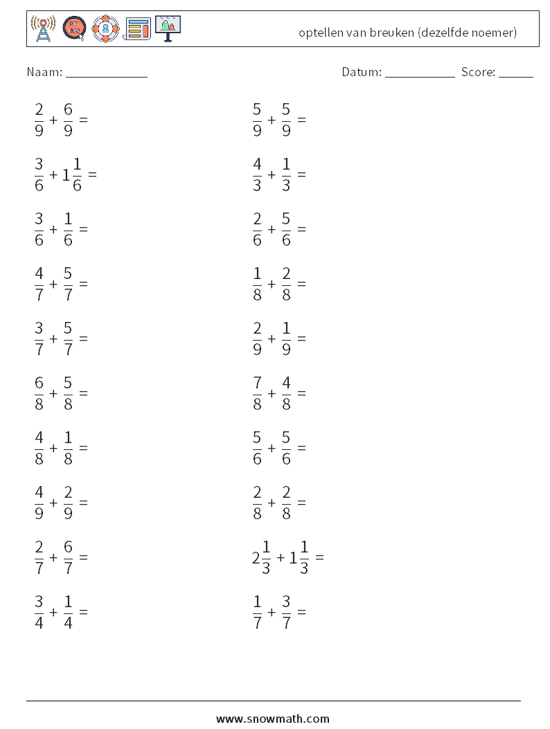 (20) optellen van breuken (dezelfde noemer) Wiskundige werkbladen 5