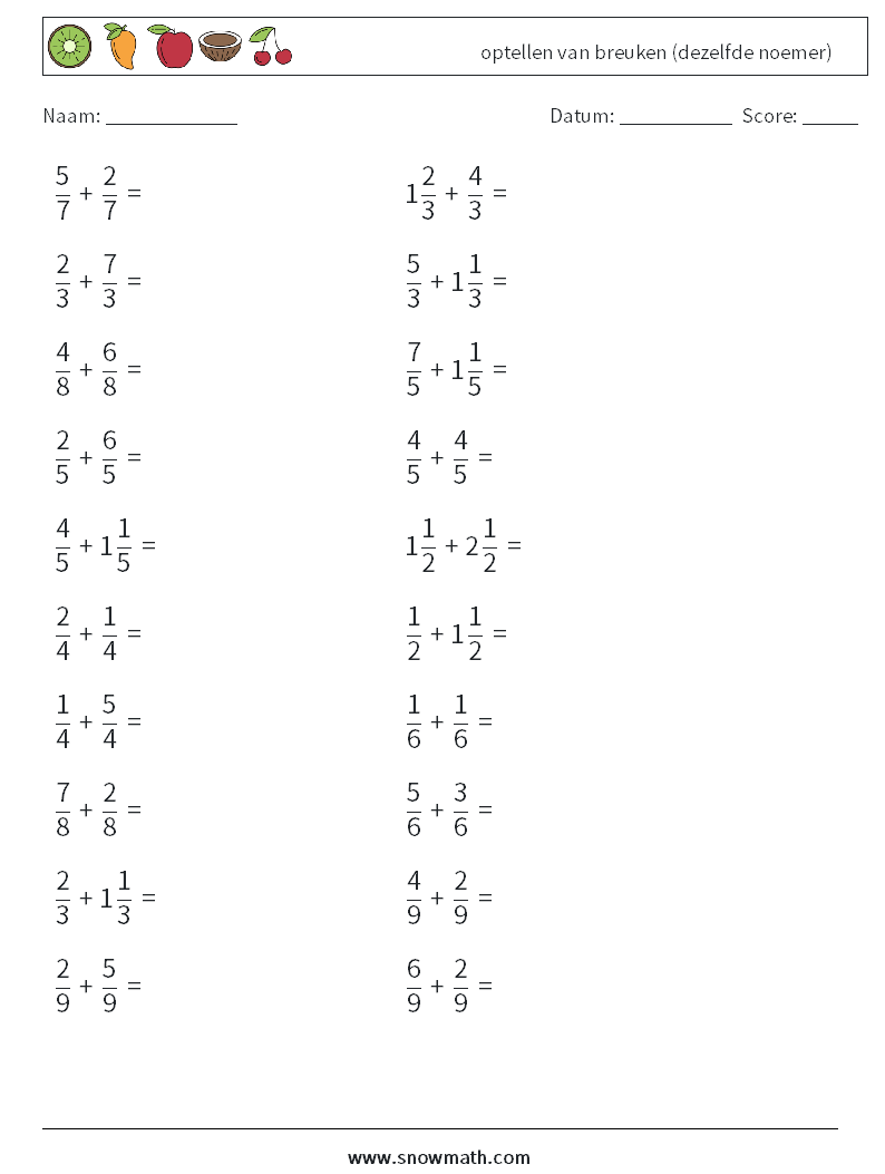 (20) optellen van breuken (dezelfde noemer) Wiskundige werkbladen 6