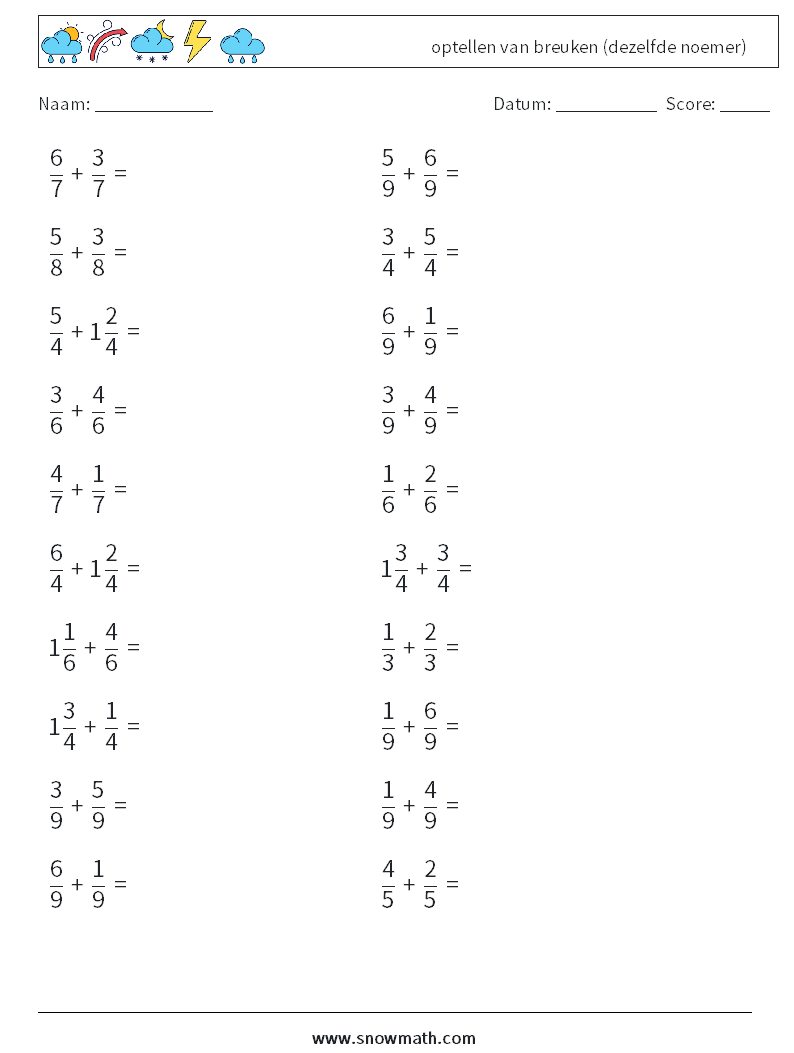 (20) optellen van breuken (dezelfde noemer) Wiskundige werkbladen 7